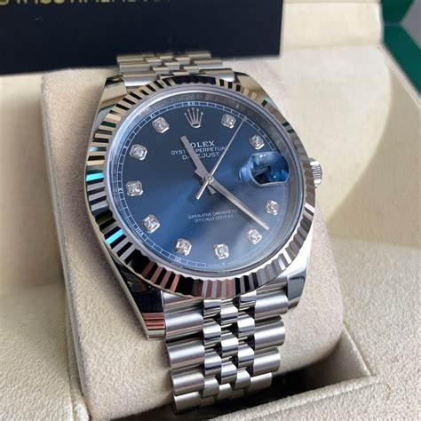 rolex datejust 41 blue dial diamonds|rolex datejust 41 with diamonds.